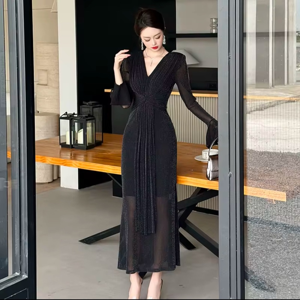 Luxurious Long Sleeve Sheer Maxi Dress in Black or Yellow